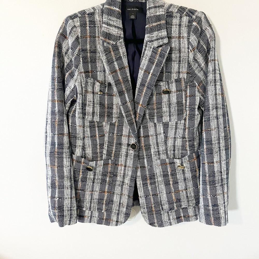 Halogen Women Navy Blue White Plaid Tweed Blazer Jacket Size S